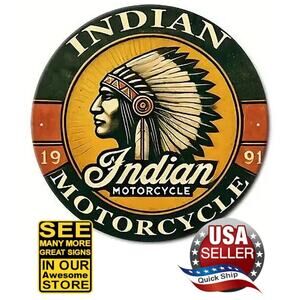 Vintage Indian Motorcycle Metal Tin Sign • Native American In Full Headdress